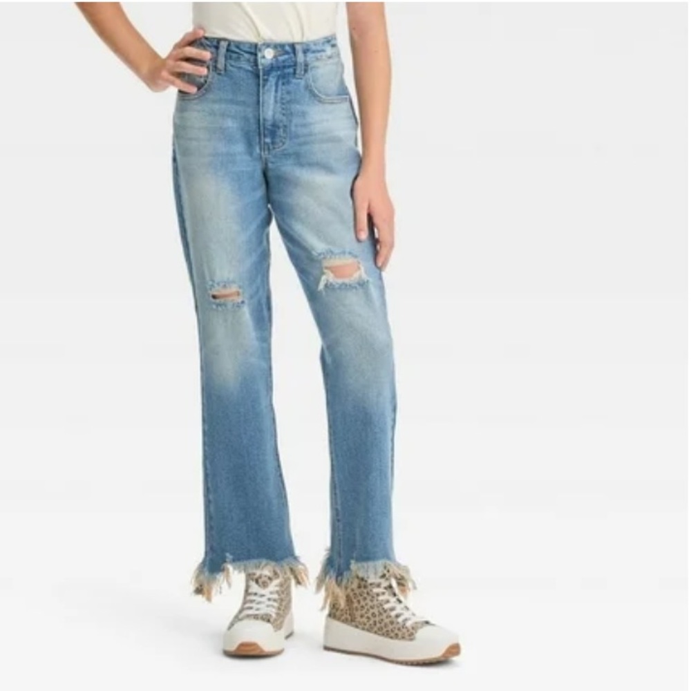 New! Girls' Destructed High-Rise Slim Straight Jeans - Medium Wash Size 10